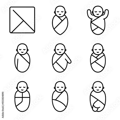 Swaddling Icon Set. Outline style icons of Swaddling Methods: square cloth folding steps, diamond wrap pose, arms-up swaddle, arms