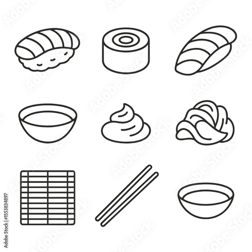 Sushi Bar Icons. Outline style icons of Sushi Bar Essentials: nigiri sushi, maki roll, sashimi slice, soy sauce bowl, wasabi mound