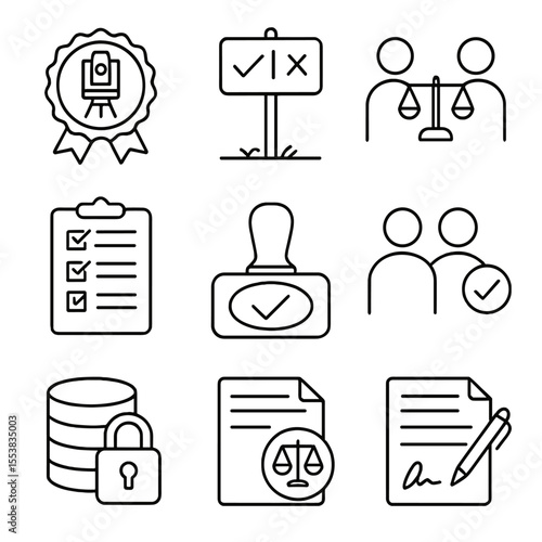 Surveying Ethics Icons. Outline style icons of Surveying Ethics and Licensing: licensed surveyor badge, ethical boundary icon,
