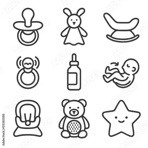 Soothing Baby Essentials. Line style icons of Soothing & Comfort Aids: silicone pacifier, plush lovey, motion rocker, vibrating