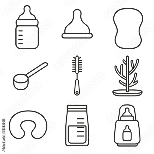 Newborn Feeding Kit Icons. Line style icons of Newborn Feeding Kit: slow-flow bottle, silicone nipple, burp cloth, formula scoop,