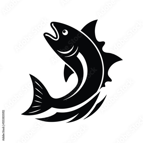 Geometric fish icon in black silhouette with wave pattern, vector illustration of aquatic animal
