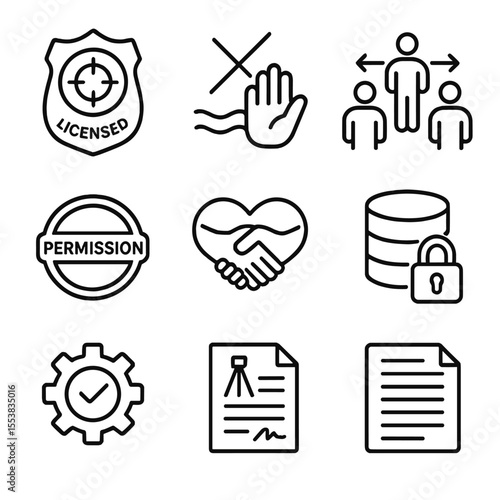 Surveying Ethics Icons. Outline style icons of Surveying Ethics and Licensing: licensed surveyor badge, ethical boundary icon,