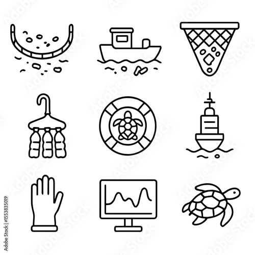 Ocean Cleanup Icons. Line style icons of Ocean Cleanup Efforts: floating trash boom, skimmer vessel, mesh collection net, plastic