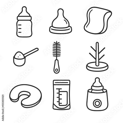 Newborn Feeding Kit Icons. Line style icons of Newborn Feeding Kit: slow-flow bottle, silicone nipple, burp cloth, formula scoop,