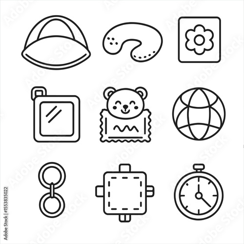 Tummy-Time Play Icons. Line style icons of Tummy-Time Play: cushioned play mat, tummy pillow, high-contrast flash card, soft