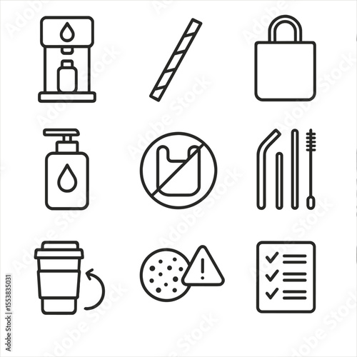 Plastic Reduction Icons. Line style icons of Plastic Reduction Actions: refill station, paper straw, reusable tote, bulk soap