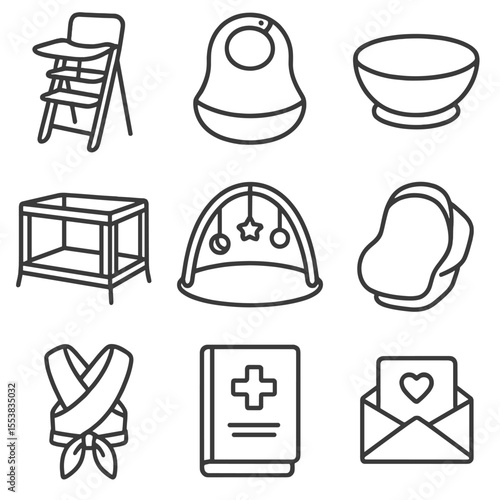 Gift Registry Icons. Line style icons of Gift Registry Favorites: convertible high chair, silicone bib, suction bowl, portable