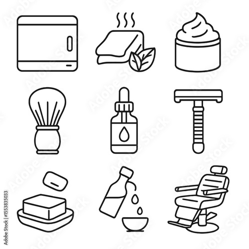 Hot Towel Shave Icons. Line style icons of Hot Towel Shave Ritual: steam towel cabinet, menthol hot towel, lathering shaving cream