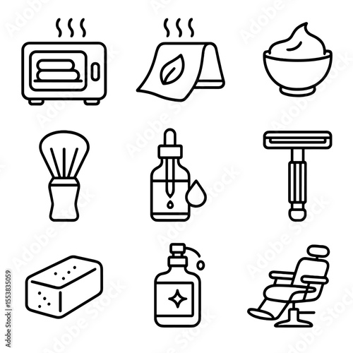 Hot Towel Shave Icons. Line style icons of Hot Towel Shave Ritual: steam towel cabinet, menthol hot towel, lathering shaving cream