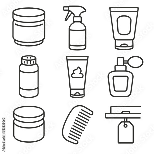 Men's Grooming Icons. Line style icons of Men’s Grooming Retail: matte pomade jar, sea salt spray, beard conditioner, styling
