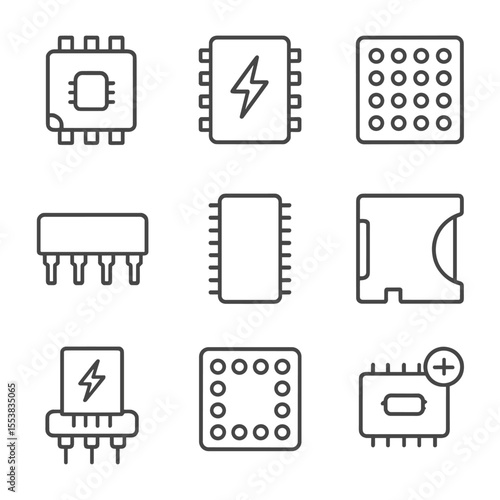Memory IC Icons. Line style icons of Memory & Storage ICs: EEPROM 24Cxx, NOR flash SOIC, NAND flash BGA, SRAM DIP, DRAM TSOP,