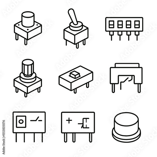 Switches and Relays Icons. Line style icons of Switches & Relays: tactile pushbutton, SPDT toggle switch, DIP switch bank, rotary