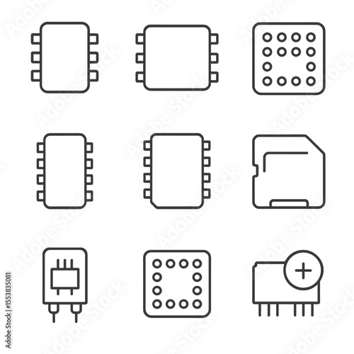 Memory IC Icons. Line style icons of Memory & Storage ICs: EEPROM 24Cxx, NOR flash SOIC, NAND flash BGA, SRAM DIP, DRAM TSOP,