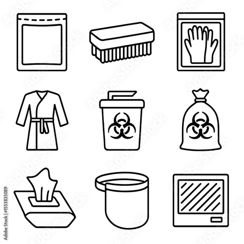 Hospital Sterile Supplies Icons. Line style icons of Hospital Sterile Supplies: autoclave pouch, surgical scrub brush, sterile
