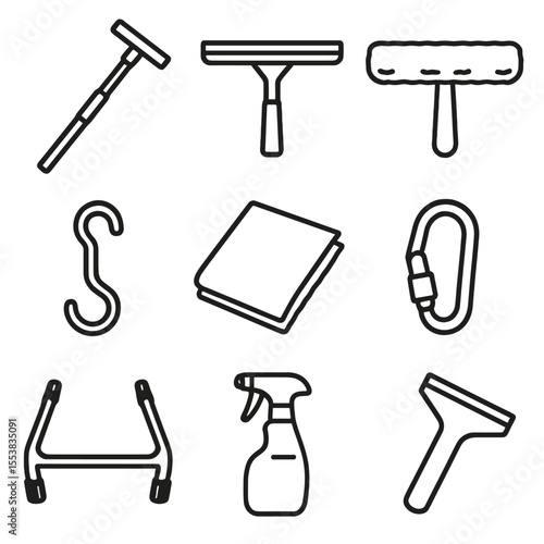 Window Cleaning Icons. Line style icons of Window Washing Set: telescopic pole, glass squeegee, window washer sleeve, streak-free