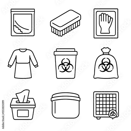 Hospital Sterile Supplies Icons. Line style icons of Hospital Sterile Supplies: autoclave pouch, surgical scrub brush, sterile