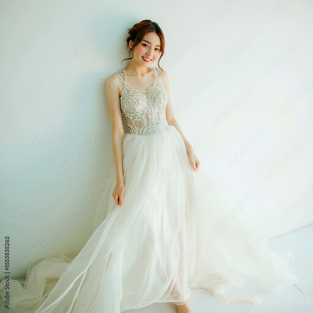 Fototapeta premium Young female model standing in luxurious long designer dress with chiffon haute couture against plain white wall. Professional portrait shooting for fashion magazine