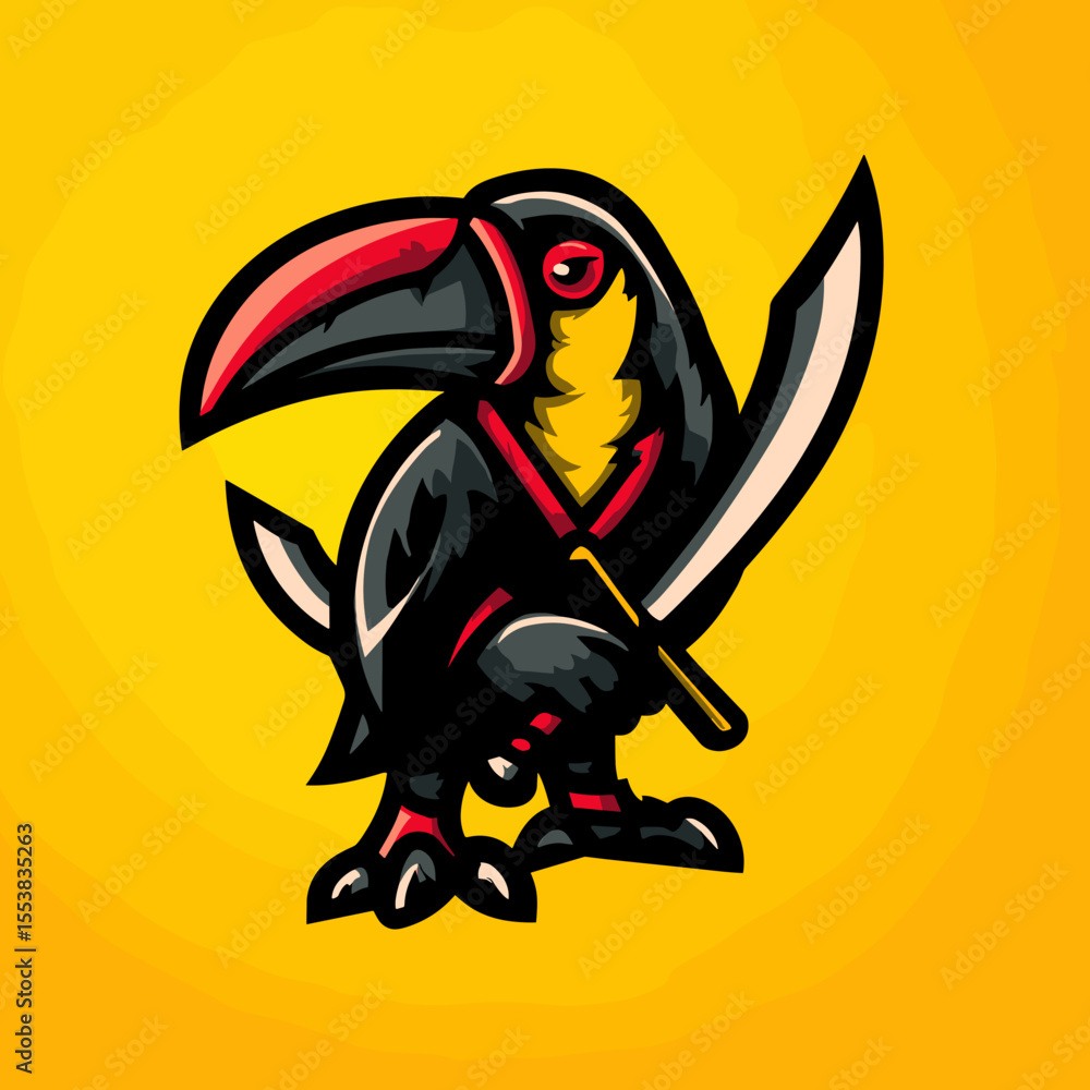 Fototapeta premium Unique esports logo featuring a toucan with a sword on a vibrant yellow background