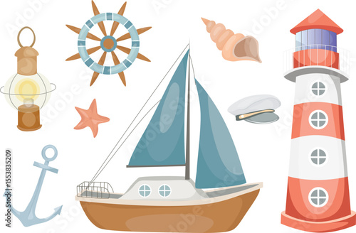 Steering wheel, anchor, lamp, ship, captain's hat, lighthouse. Marine, sea coast, sea life, nautical concept. Vector illustration. Website, banner template.