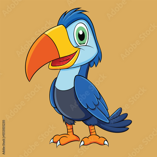 Cartoon illustration of a blue bird with a large orange beak standing on a plain background