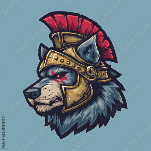 Wolf mascot logo inspired by ancient warriors displayed against a blue background, showcasing a fierce and determined expression