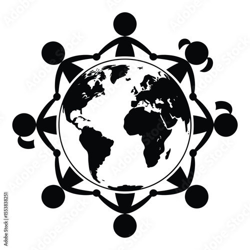 Diverse group of people holding hands around the globe silhouette isolated on white background