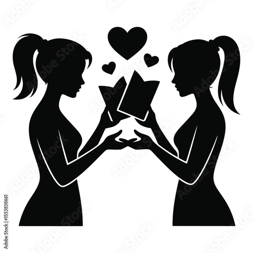 Two women exchanging books with hearts above silhouette isolated on white background