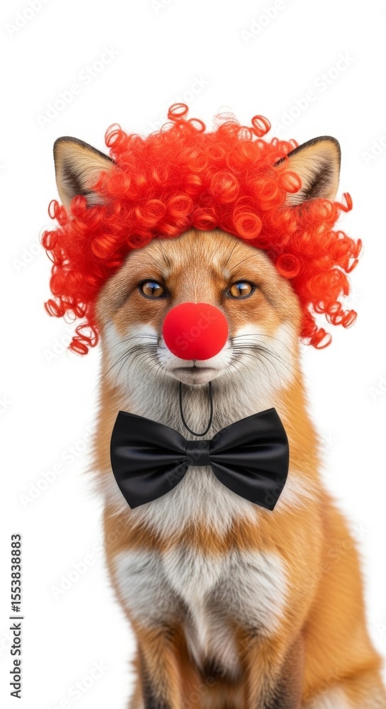 Obraz premium A fox dressed as a clown with a colorful wig, red nose, and bow tie. Humorous and surreal animal portrait on white background