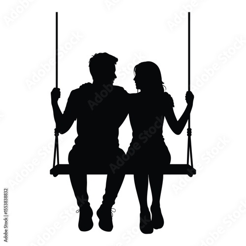 Couple sitting on a swing looking at each other silhouette isolated on white background