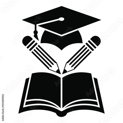 Education and learning symbols graduation cap open book and pencils silhouette isolated on white background