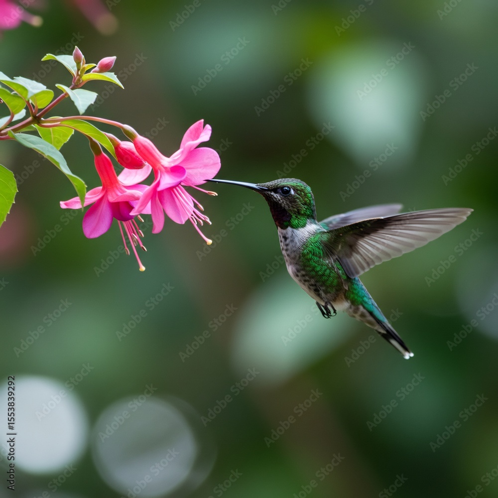 Obraz premium A hummingbird in flight, delicately feeding on nectar from vibrant pink fuchsia flowers.