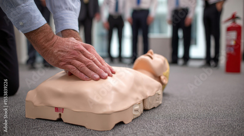 A demonstration of CPR shows hands performing chest compressions and rescue breaths, emphasizing life-saving first aid skills