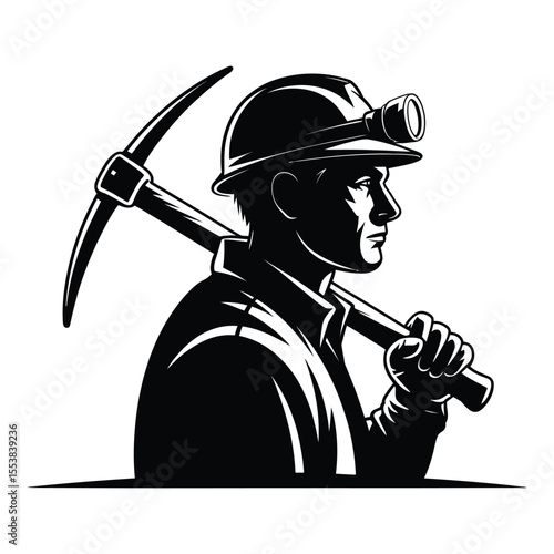 Miner with pickaxe and headlamp silhouette isolated on white background