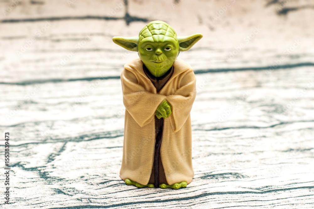 Naklejka premium A detailed green Yoda figure stands on a textured surface,