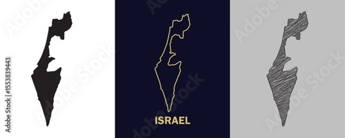 ISRAEL Black, Gold, Sketch Map Vector Illustration Abstract Editable image