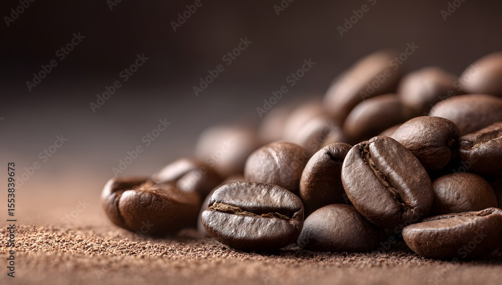 A close-up image displaying a pile of roasted coffee beans next to a mound of finely ground coffee on a dark textured surface A close-up image displaying a pile of roasted coffee beans next to a mound of finely ground coffee on a dark textured surface