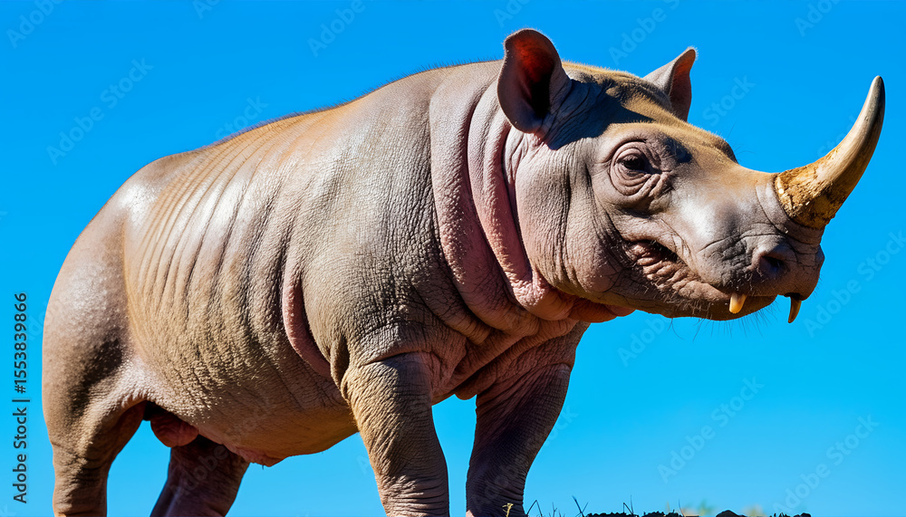 Fototapeta premium Majestic Rhinoceros Against a Vibrant Blue Sky