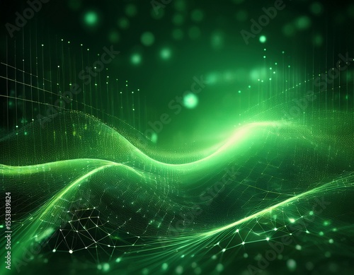 green abstract background with a network grid particles connected and bokeh sci fi digital technology with line connect network and data graphic it background