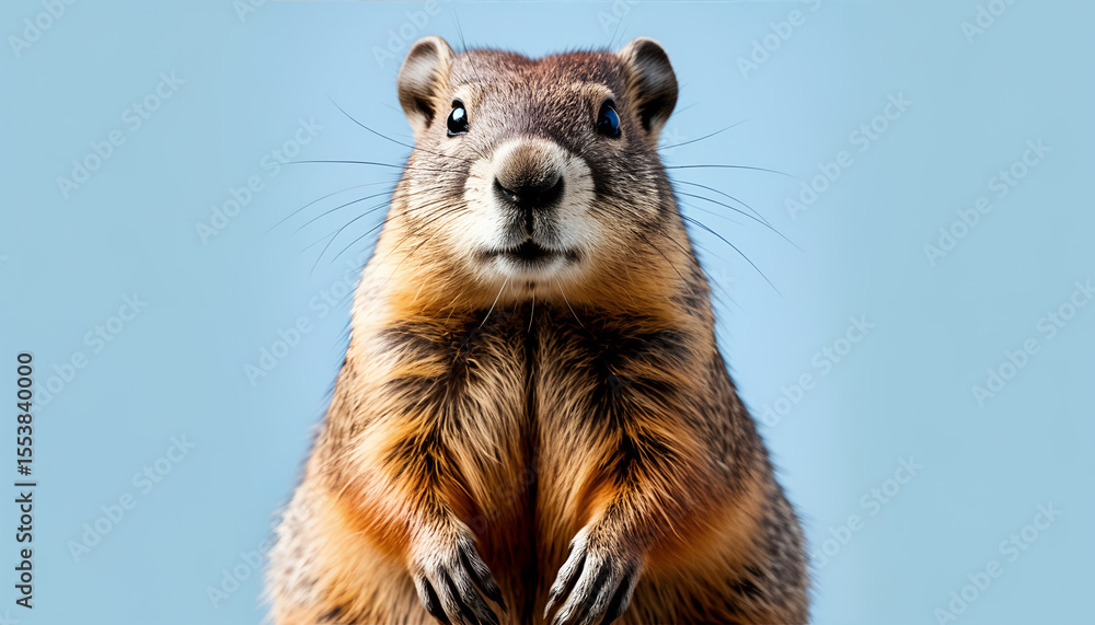 Fototapeta premium Curious Groundhog Standing Against Blue Background