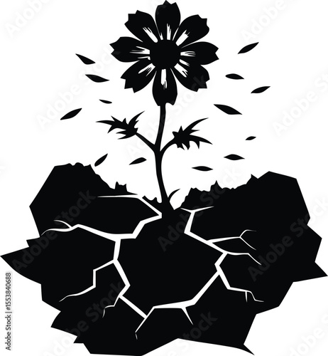 Delicate violet flower bravely growing through cracked stone symbolizing resilience and new life isolated on white background isolated on transparent background