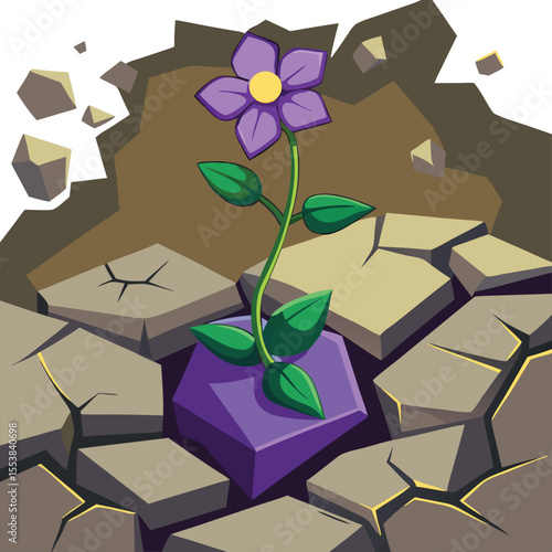 Delicate violet flower bravely growing through cracked stone symbolizing resilience and new life isolated on white background isolated on transparent background