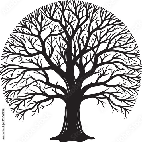 Stylized black silhouette of a large tree with intricate branches against a white background