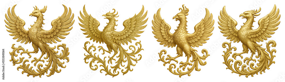 Obraz premium PNG Golden ornate phoenix designs, element set on transparent background