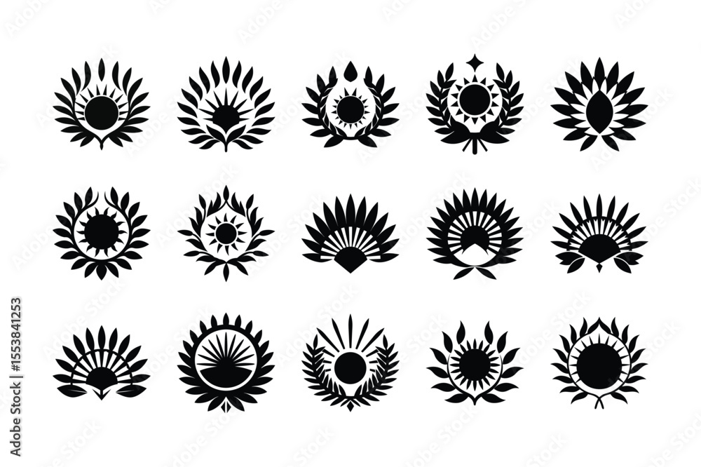 Fototapeta premium Variety of Black and White Sun Emblems in Different Floral and Geometric Designs Ideal for Logos or Insignias