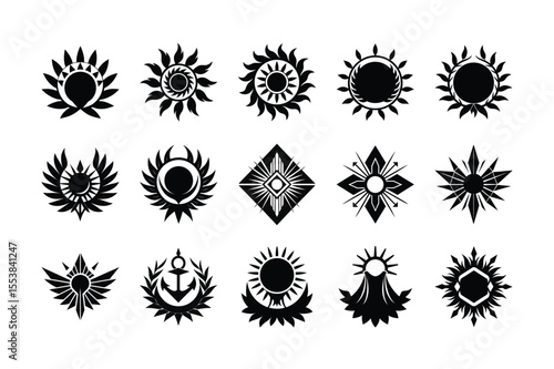 Collection of Unique Sun and Star Inspired Black and White Silhouette Emblems Designs on a White Background