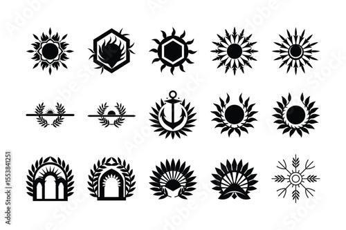 Elegant Collection of Black and White Heraldic Emblems Diverse Shapes and Styles Representing Nature and Architecture in Simple yet Striking Designs