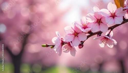 Delicate pink cherry blossoms on a branch, orchard spring , pink, detail