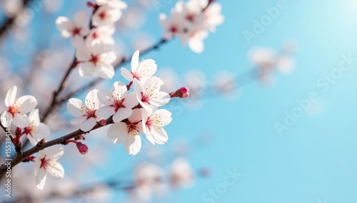Delicate white cherry blossoms, brown branches, pale blue sky , garden, photography