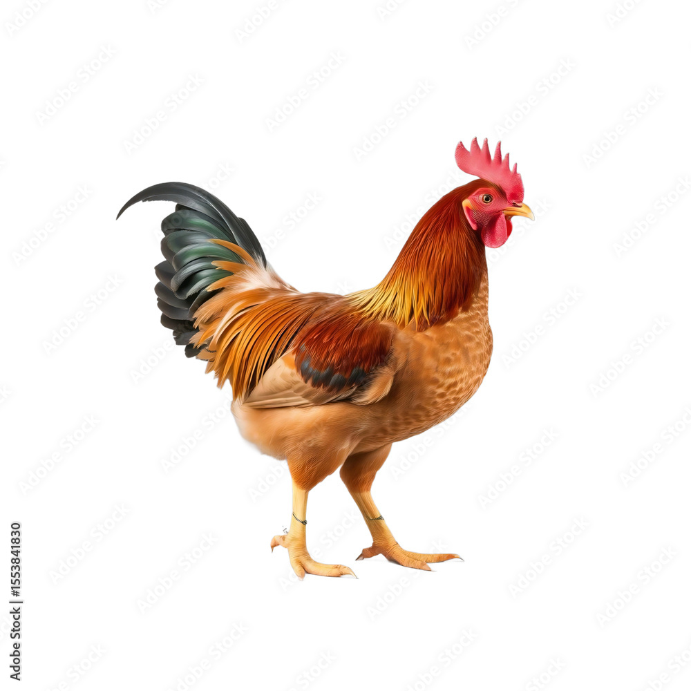Fototapeta premium Majestic Rooster A Vibrant Image of a Farm Animal, showcasing its detailed plumage, proud stance, and rich colors. Perfect for agricultural, poultry, or rural themed projects.